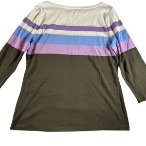 Talbots Top Womens Large White Brown Purple Stripe 3/4 Sleeve Stretch Casual NWT